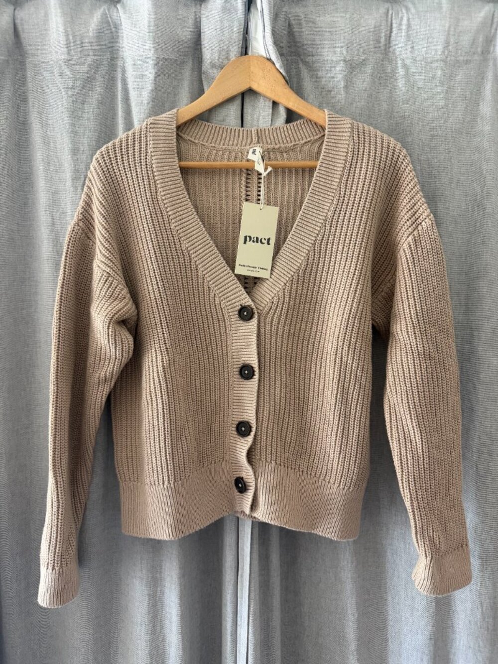 PACT Luxe Knit Cropped Cardigan Organic Cotton Oatmeal NWT Women's Size S - Picture 3 of 4